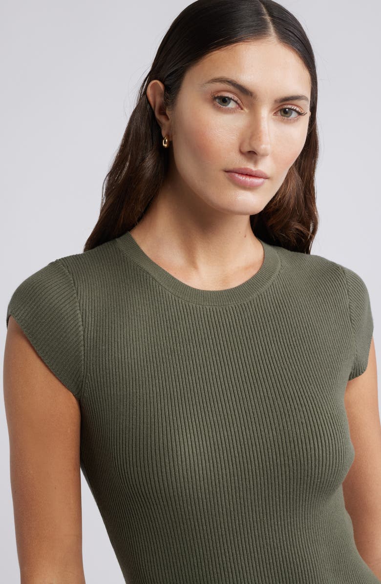Open Edit Luxe Rib Cap Sleeve Dress, Alternate, color, Olive Sarma