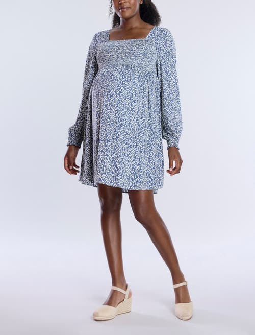 Motherhood Maternity Smocked Babydoll Long Sleeve Mini Dress In Indigo Animal