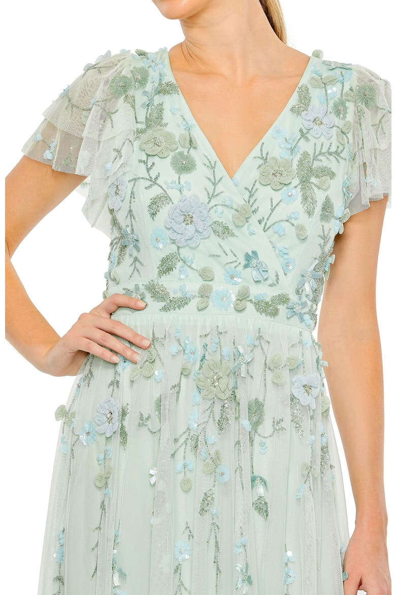 Ruffle Tiered Embellished Faux Wrap Flutter Sleeve Gown, Alternate, color, Seafoam