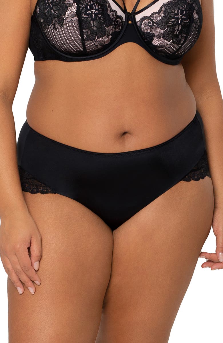 Curvy Couture Tulip Lace Trim Briefs, Main, color, Black