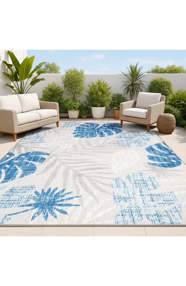 JONATHAN Y Monstera Tropical Leaf High-Low Indoor/Outdoor Area Rug, Alternate, color, Light Gray/Navy