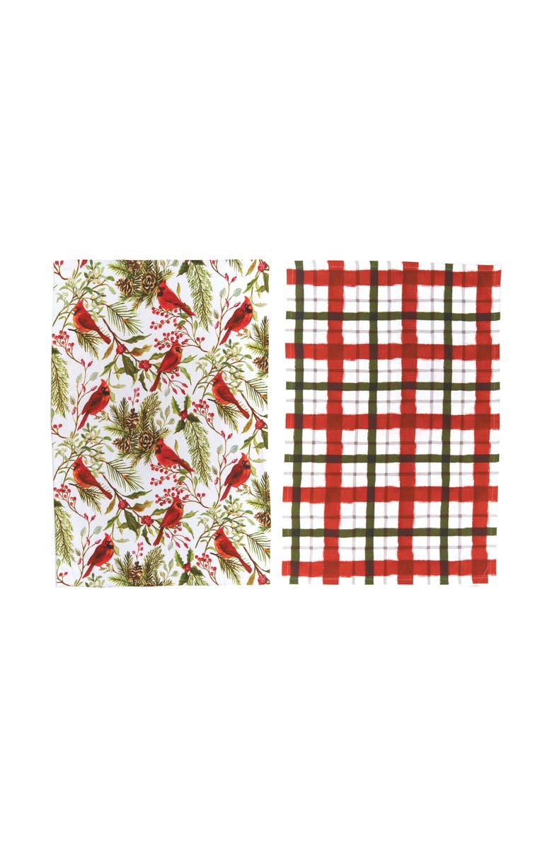 C&F Home Red Cardinal Greenery & Plaid Printed 100% Cotton Flour Sack Dishtowels, Set of 2, Main, color, White