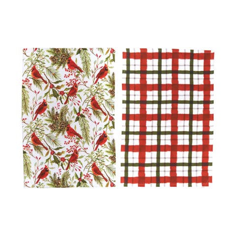 Red Cardinal Greenery & Plaid Printed 100% Cotton Flour Sack Dishtowels, Set of 2