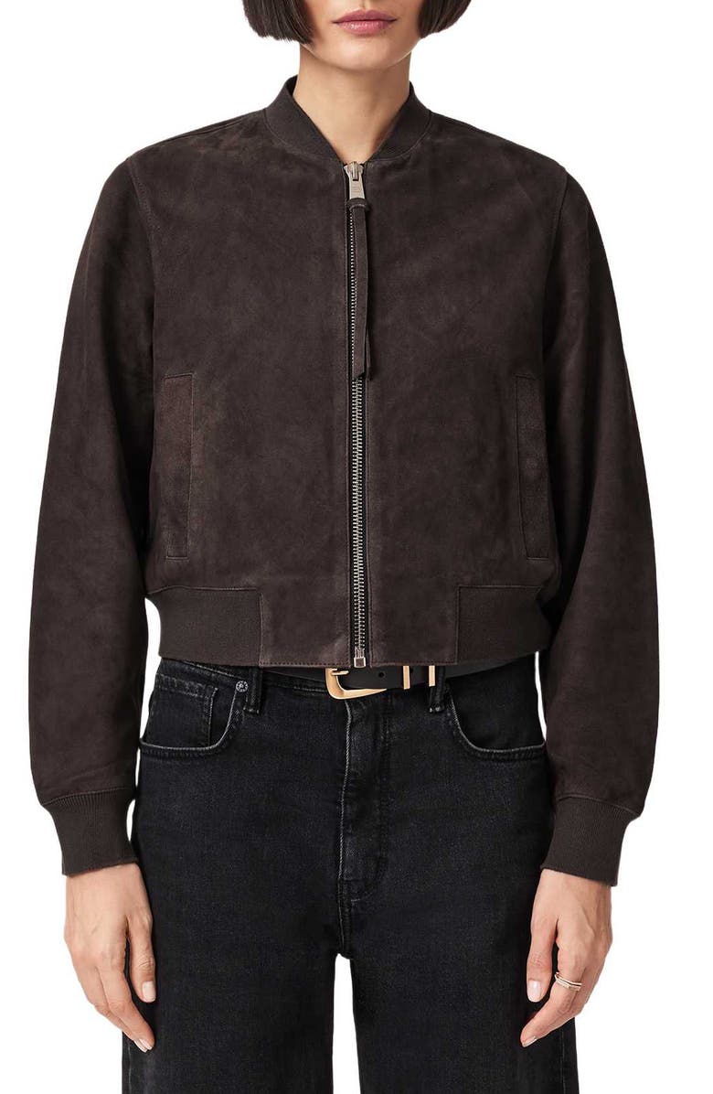 AllSaints Orten Suede Bomber Jacket, Main, color, Bitter Brown