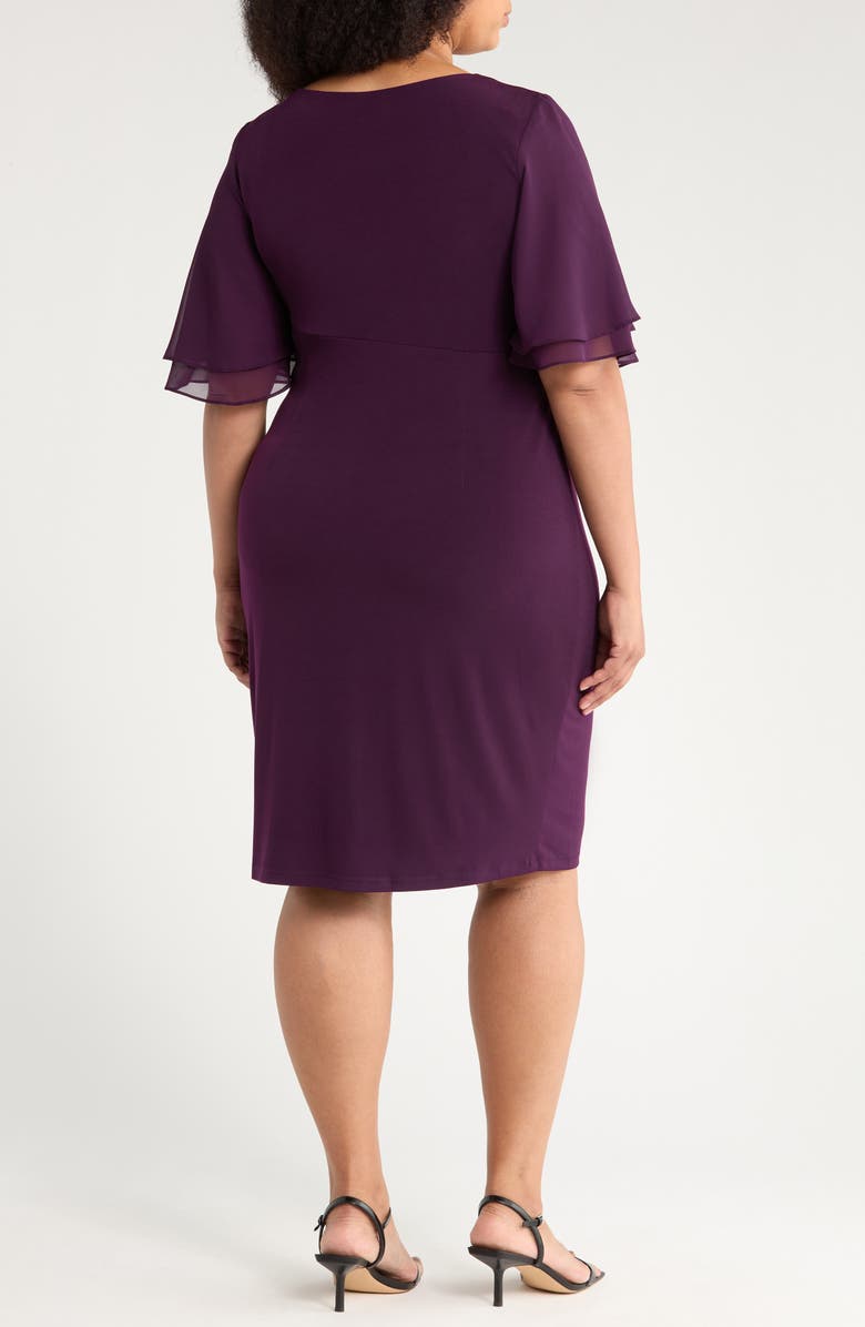 Connected Apparel Double Flutter Sleeve Faux Wrap Dress, Alternate, color, Aubergine/ Gold