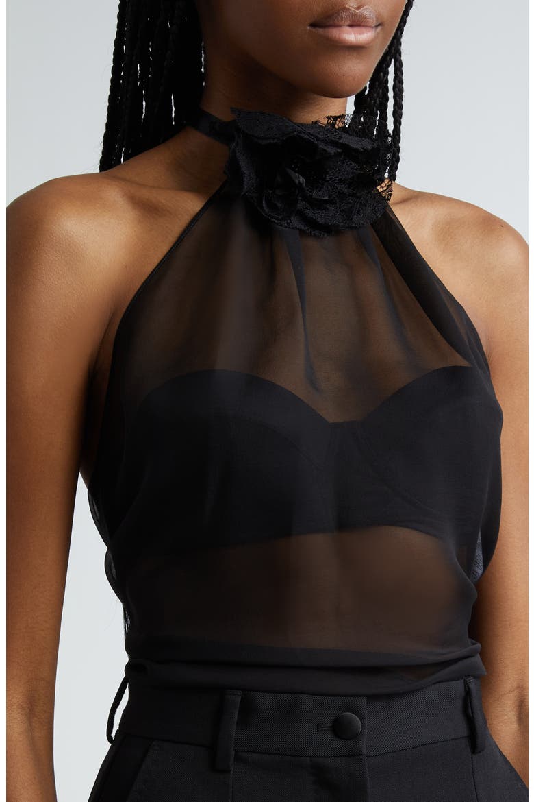 Rosette Silk Blend Chiffon Halter Top, Alternate, color, NERO