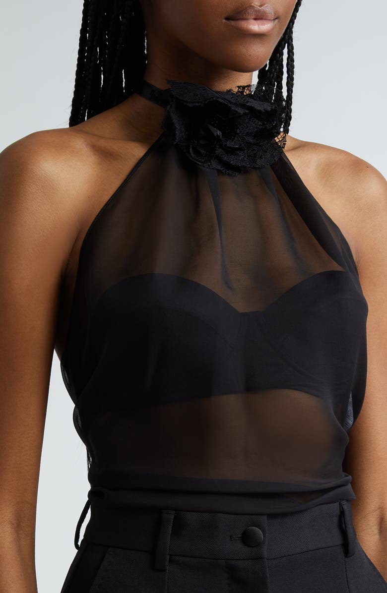 Dolce&Gabbana Rosette Silk Blend Chiffon Halter Top, Alternate, color, Nero