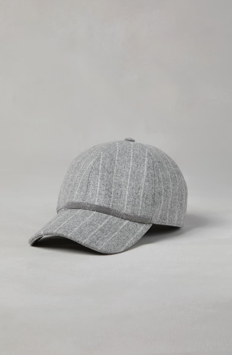 Brunello Cucinelli Chalk stripe virgin wool flannel baseball cap with shiny band, Alternate, color, 