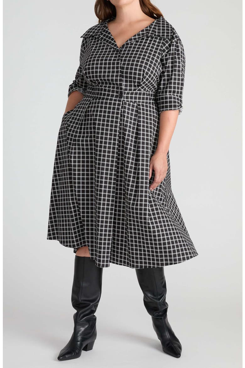 Stockard Windowpane Check Midi Shirtdress, Main, color, BLACK WINDOWPANE CHECK