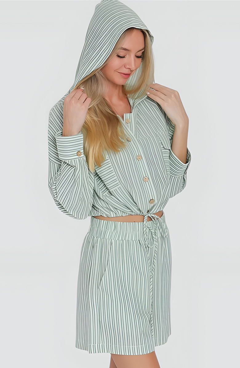 Modenaire Striped Long Sleeve Hoodie Top and High Waisted Shorts Set, Alternate, color, 