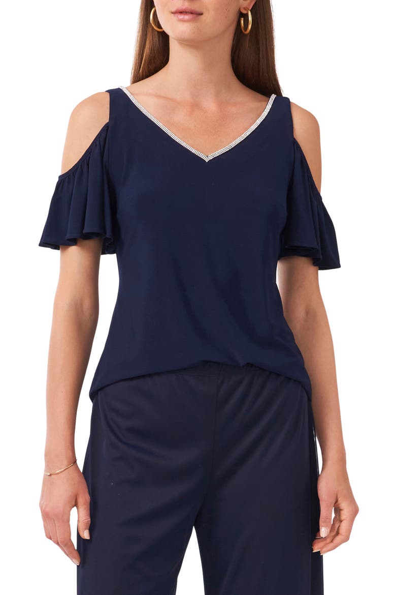 Rhinestone Trim Cold Shoulder Top, Main, color, JBS NAVY
