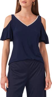 Chaus Rhinestone Trim Cold Shoulder Top