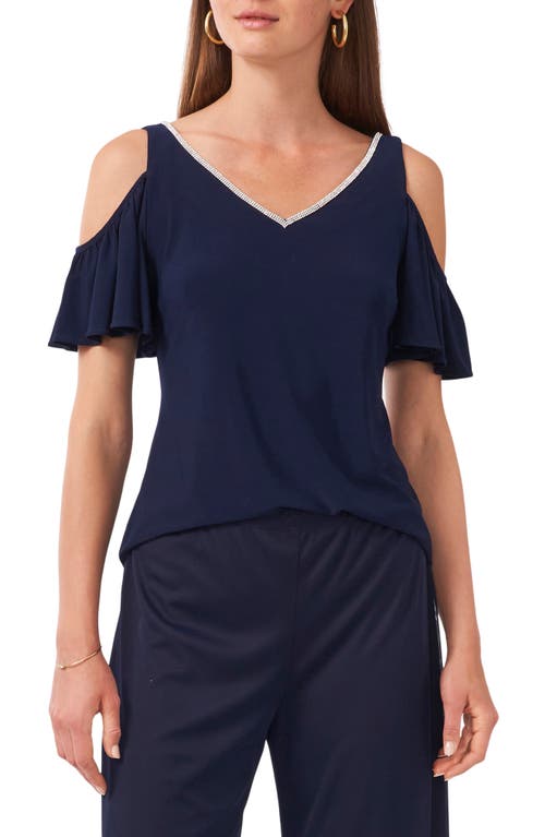 Chaus Rhinestone Trim Cold Shoulder Top In Blue