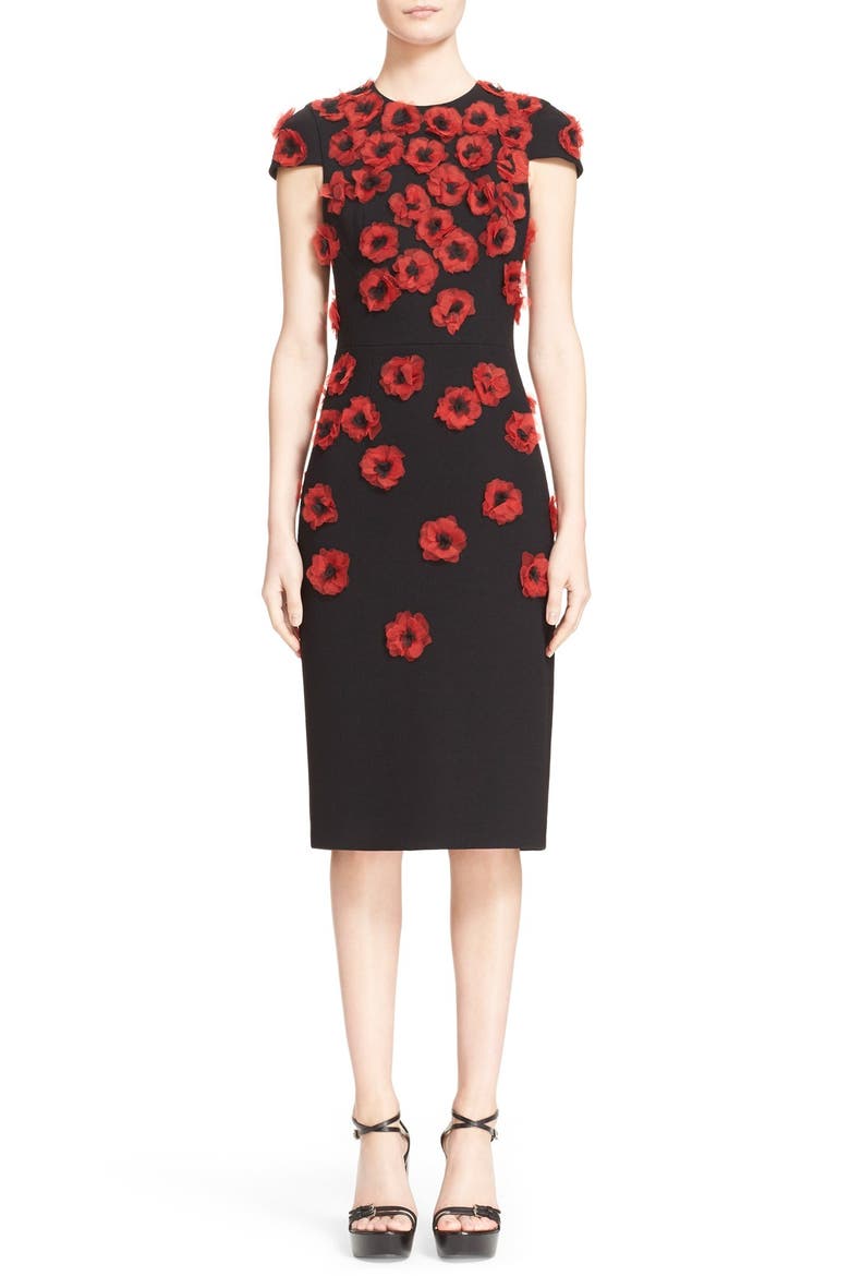 'Crimson Poppy' Floral Embellished Sheath Dress, Main, color, BLACK