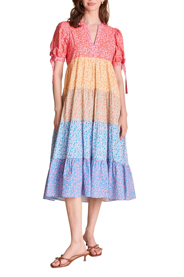 Floral Colorblock Tiered Cotton Midi Dress, Main, color, MULTI