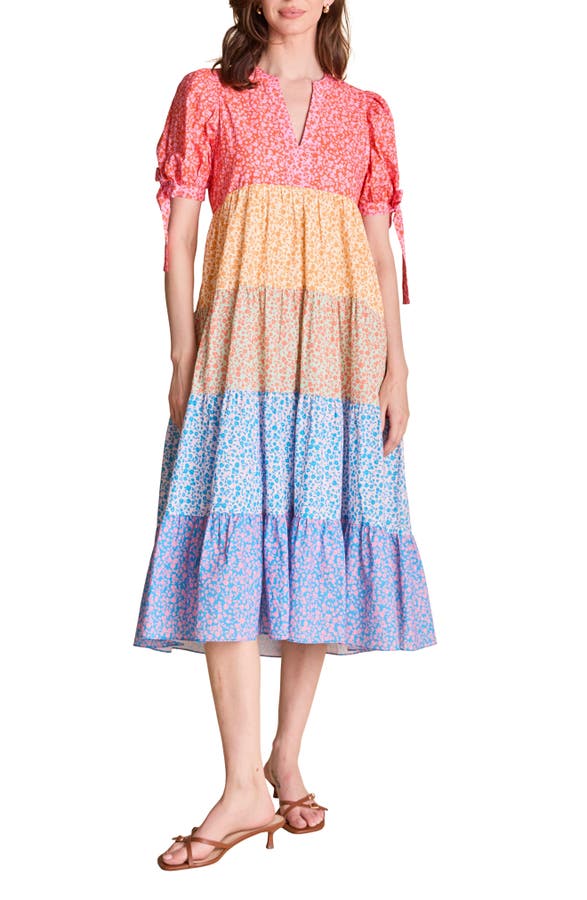 Floral Colorblock Tiered Cotton Midi Dress