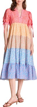 English Factory Floral Colorblock Tiered Cotton Midi Dress