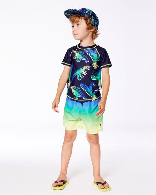 DEUX PAR DEUX DEUX PAR DEUX LITTLE BOY'S SHORT SLEEVE RASHGUARD BLUE AND GREEN DINO ON NAVY 