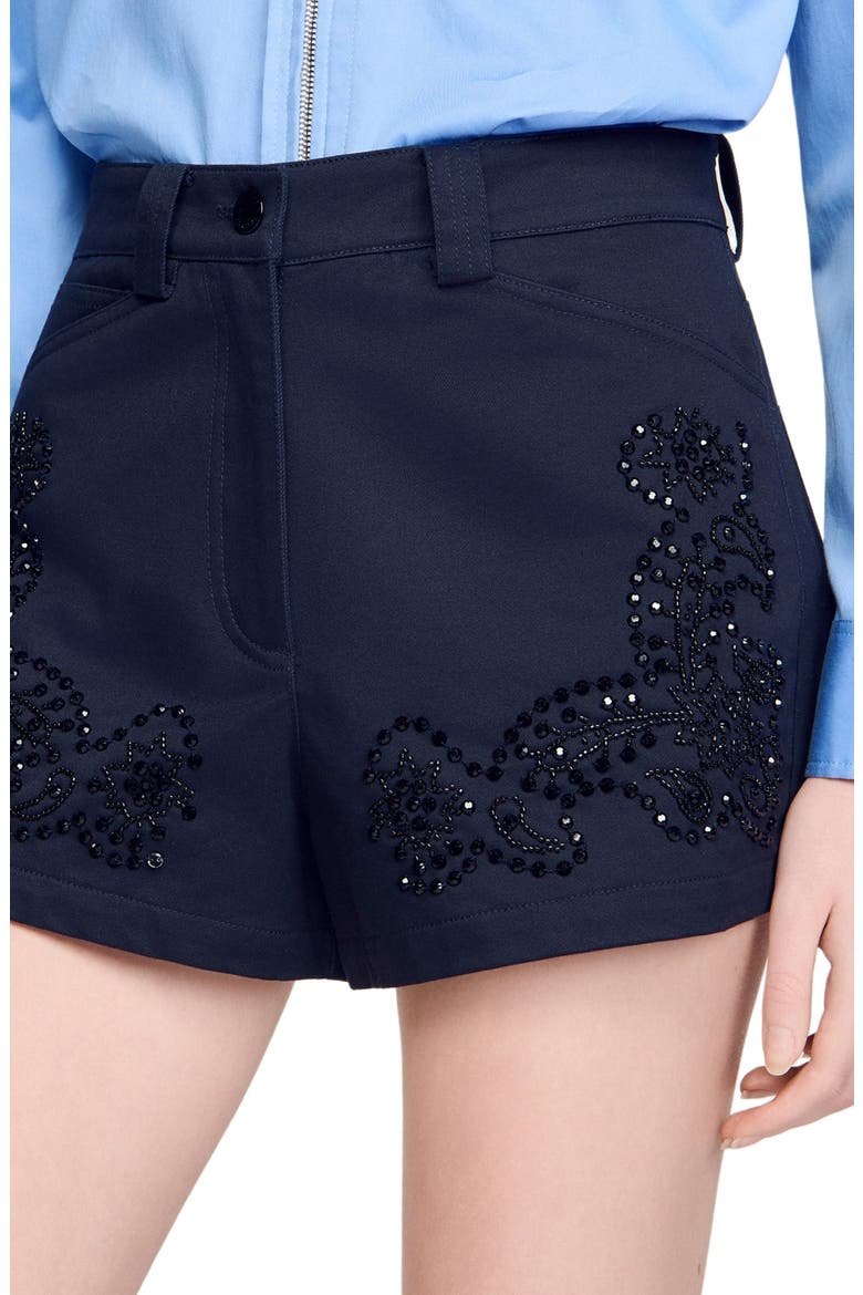 Embroidered cotton shorts, Alternate, color, Navy blue