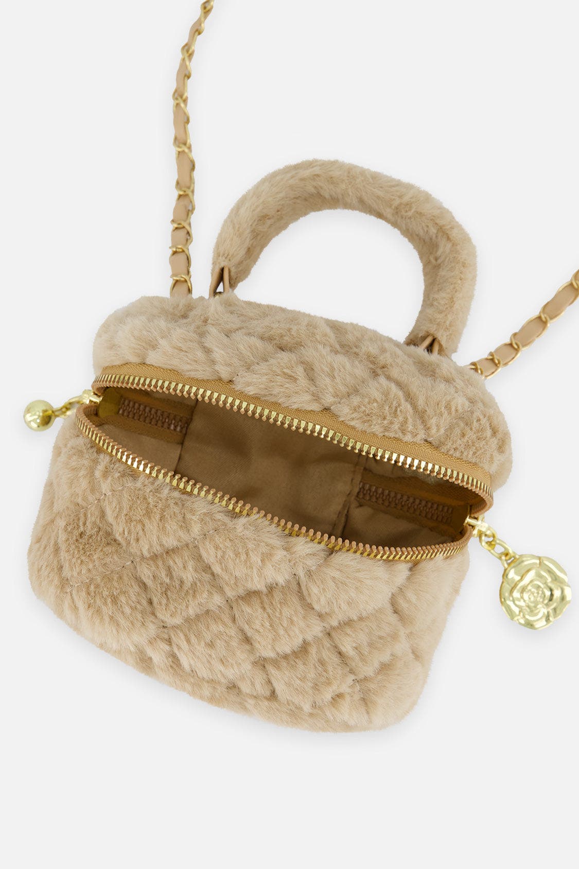 Quilted Faux Fur Chain Strap Zipper Small Bag, Alternate, color, Beige