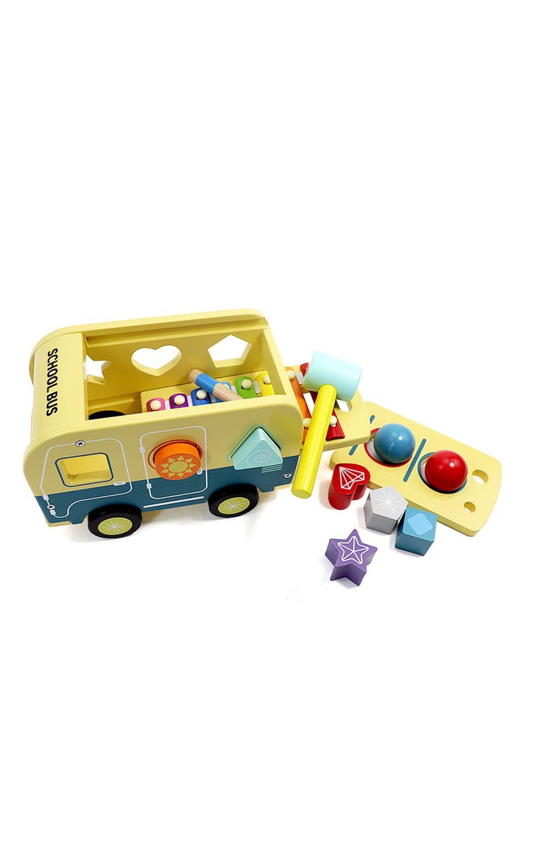 Leo & Friends School Bus Pound and Tap Bus Bench, Wooden Toy Bus with Slide Out Xylophone, Alternate, color, Yellow