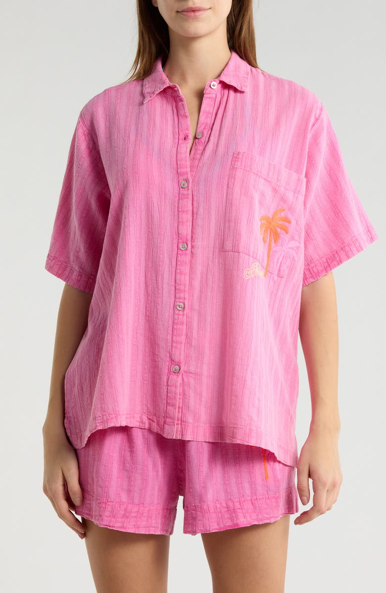 Rip Curl Hotel Malibu Embroidered Yarn Dyed Stripe Button-Up Shirt, Alternate, color, Super Pink