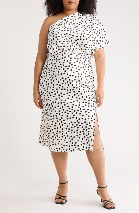 Polka Dot One-Shoulder Satin Midi Dress (Plus)