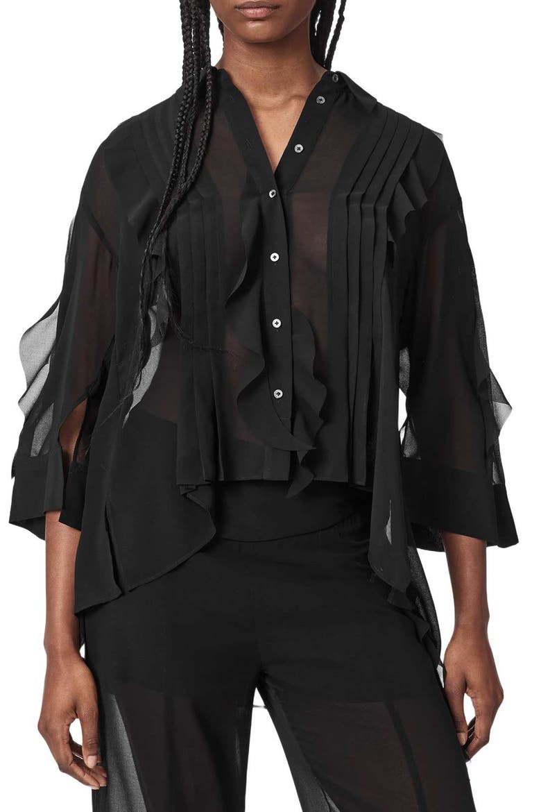 Minna Pleated Ruffle Shirt, Main, color, BLACK