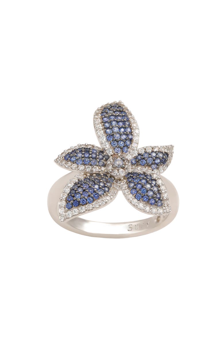 SUZY LEVIAN Floral Sterling Silver White Sapphire Blue Sapphire Brown Diamond Ring, Alternate, color, Blue