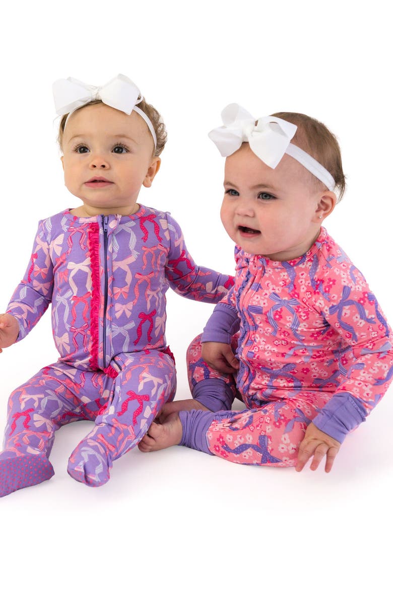 Baby Girls Softsnooze Convertible Ruffle One Piece Pajama, Alternate, color, Bow Besties