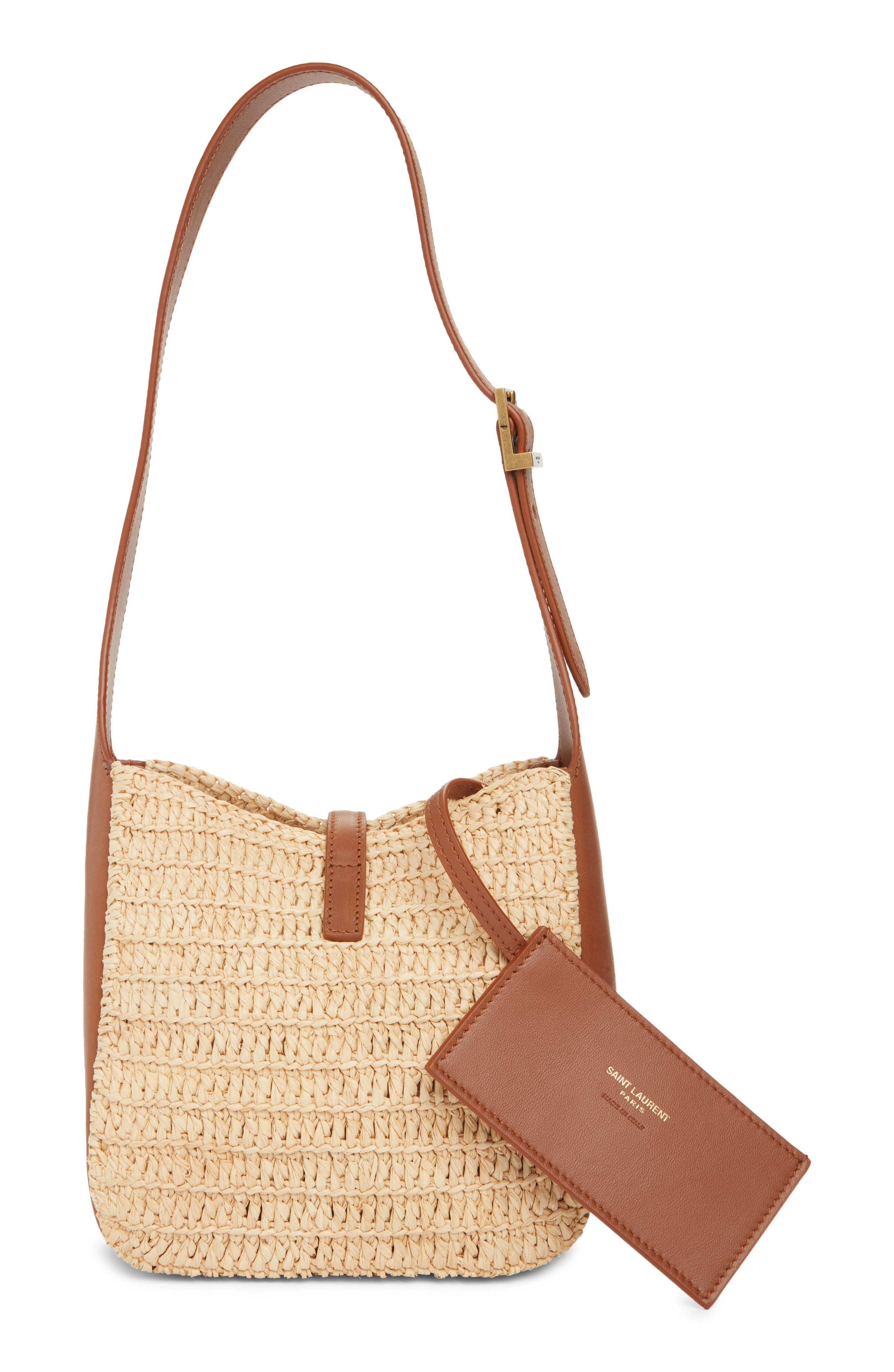 Saint Laurent Baby Le 5 À 7 Raffia & Leather Shoulder Bag, Alternate, color, Naturel/ Brick