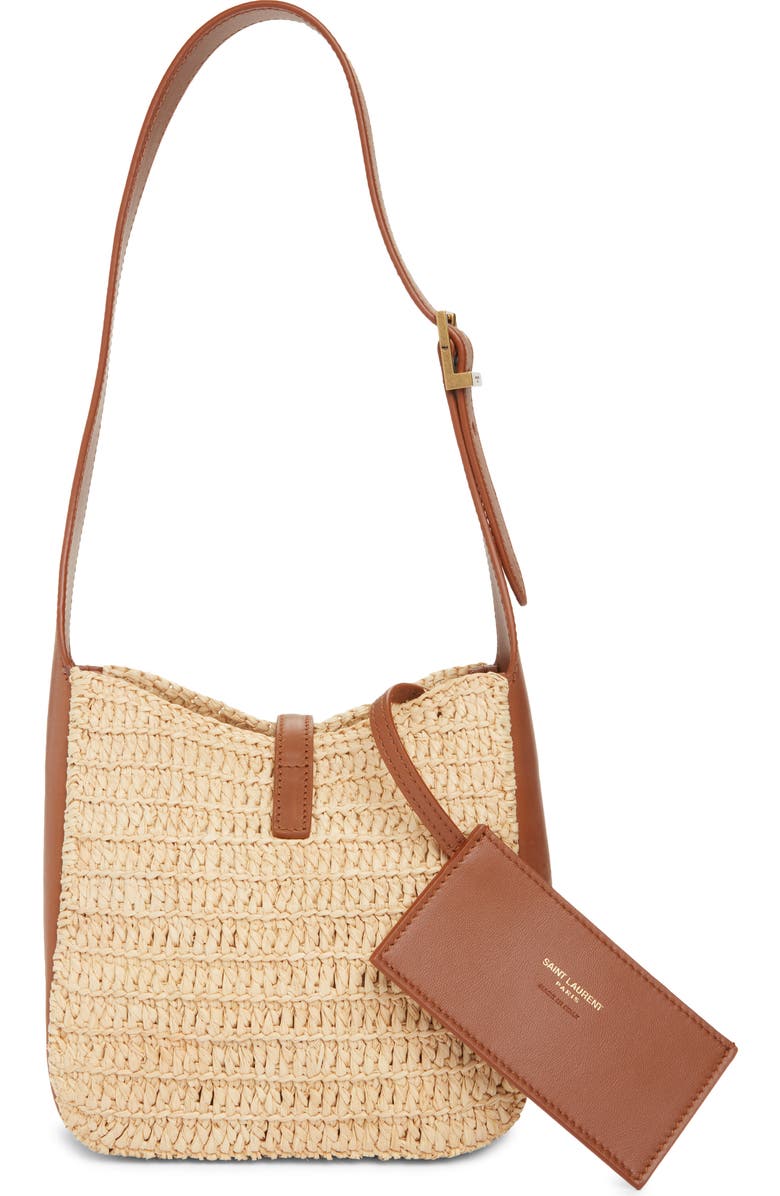 Saint Laurent Baby Le 5 À 7 Raffia & Leather Shoulder Bag, Alternate, color, Naturel/ Brick