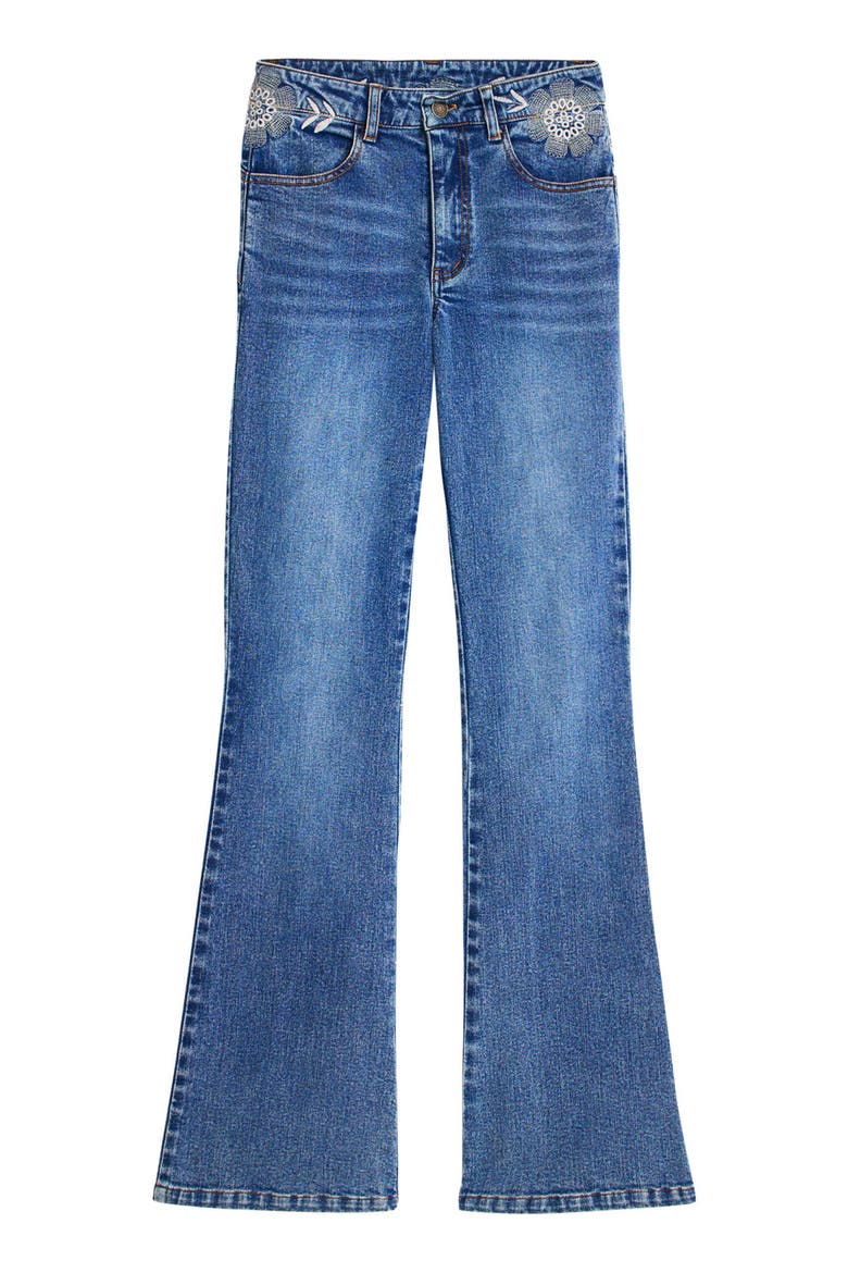 Embroidered Flare Jeans, Alternate, color, MEDIUM BLUE
