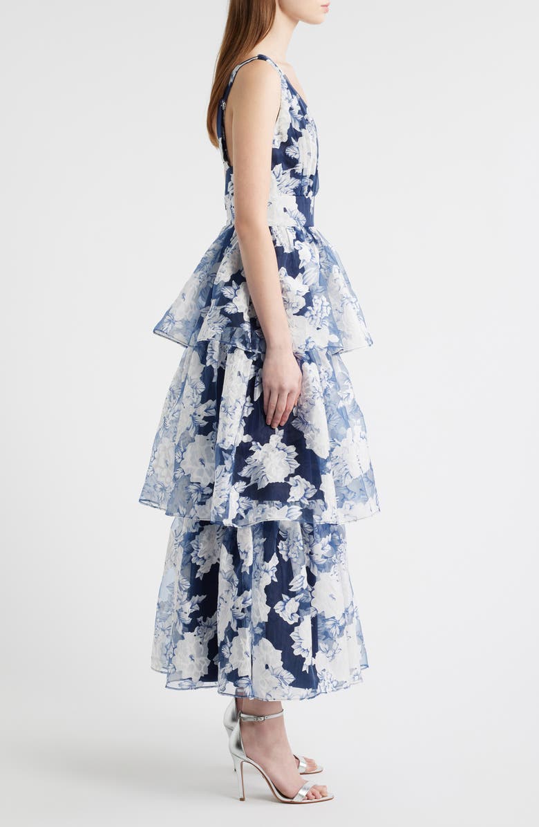 Lulus Vallia Floral Tiered Gown, Alternate, color, Navy Floral