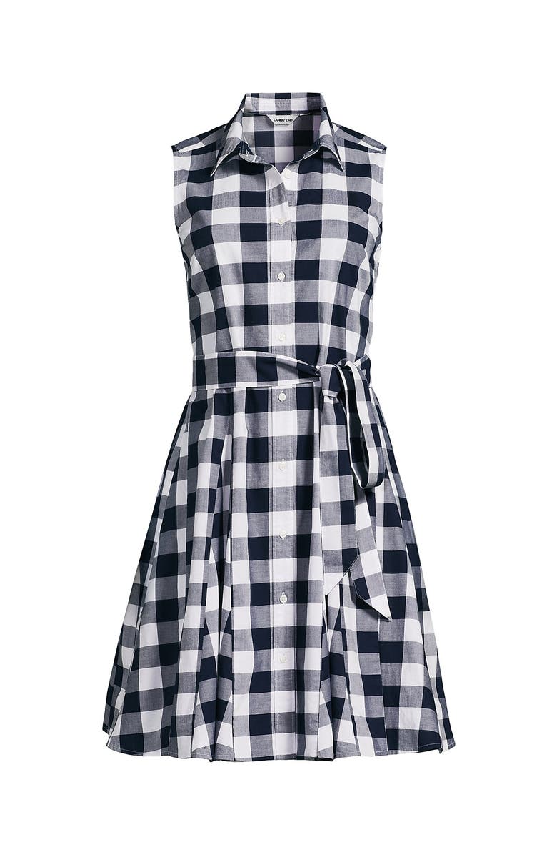 Lands' End Poplin Button Front Dress with Godets, Alternate, color, Radiant Navy Gingham
