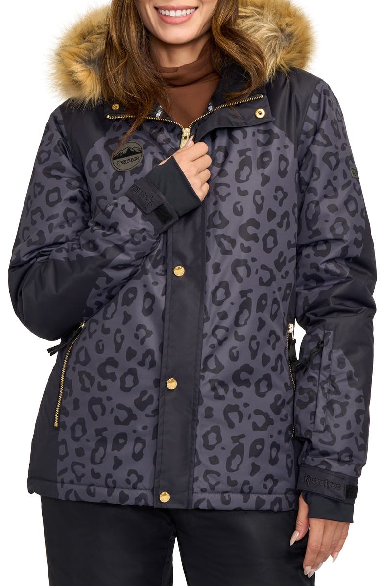 TIPSY ELVES Midnight Leopard Print Waterproof Jacket with Removable Faux Fur Trim, Main, color,