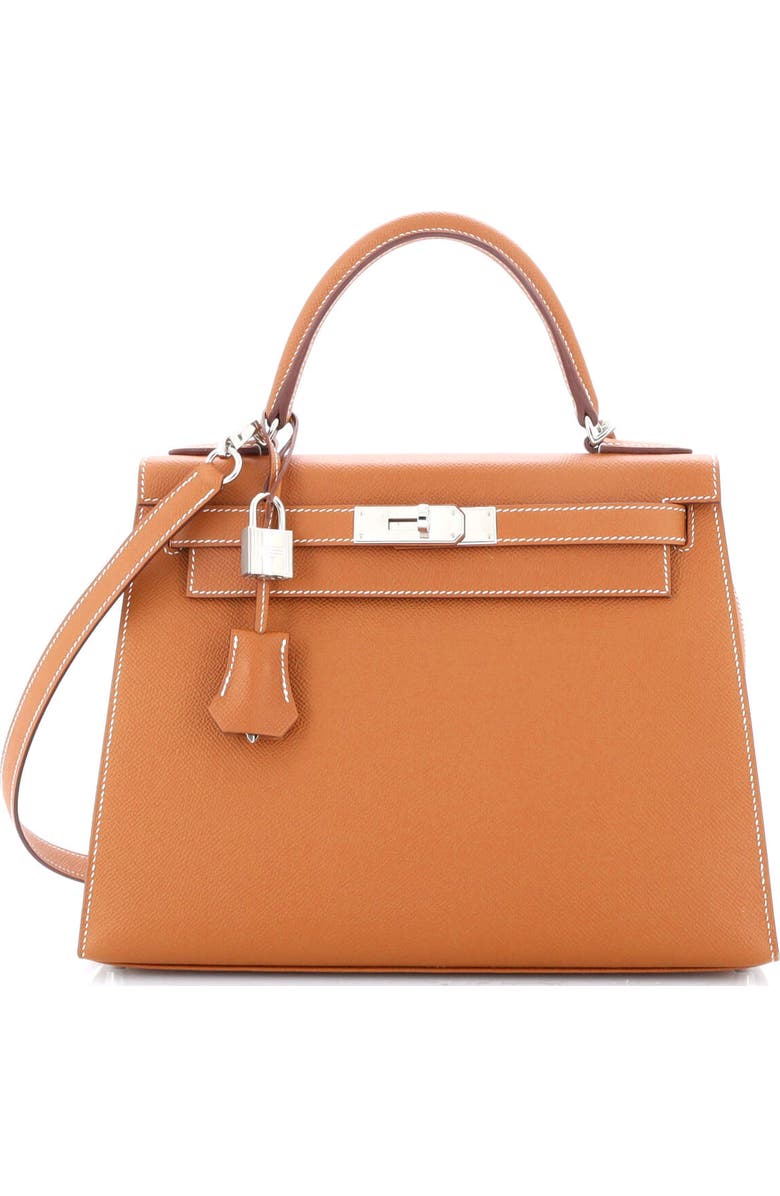 Pre-Owned Hermes Kelly Handbag Brown Epsom with Palladium Hardware 28, Main, color,