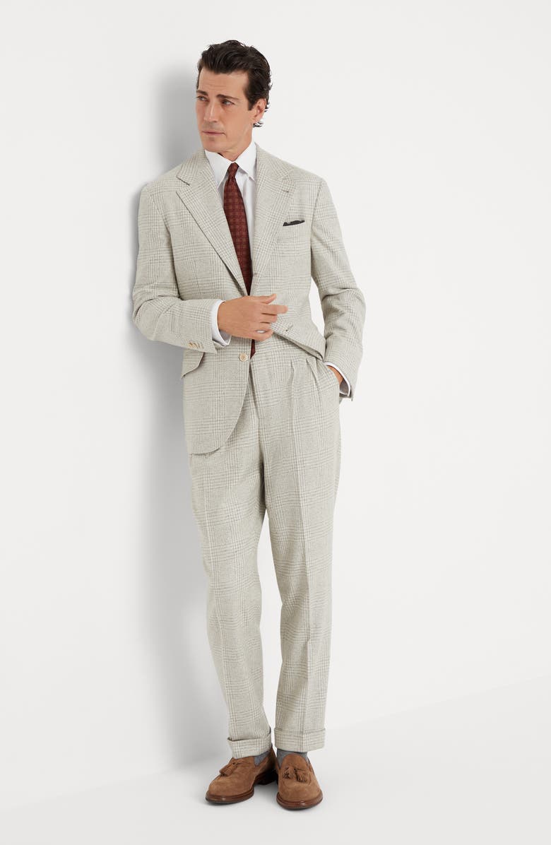 Brunello Cucinelli Comfort wool, silk and cashmere Prince of Wales leisure fit trousers with pleat, Alternate, color, 
