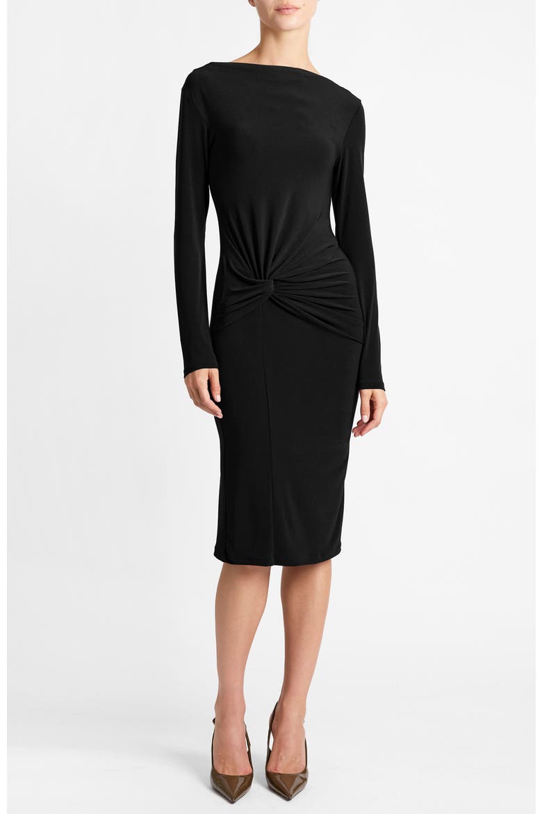 Keegan Draped Knot Long Sleeve Jersey Dress, Main, color, Onyx
