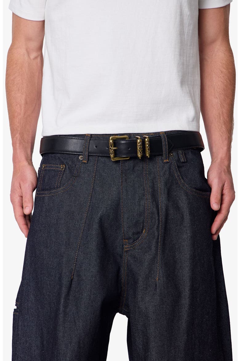 Engraved Leather Roller Buckle Belt, Alternate, color, BLACK