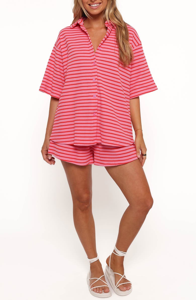 Petal & Pup Alden Stripe Cotton Button-Up Shirt & Drawstring Shorts Set, Main, color, Pink Red Stripe