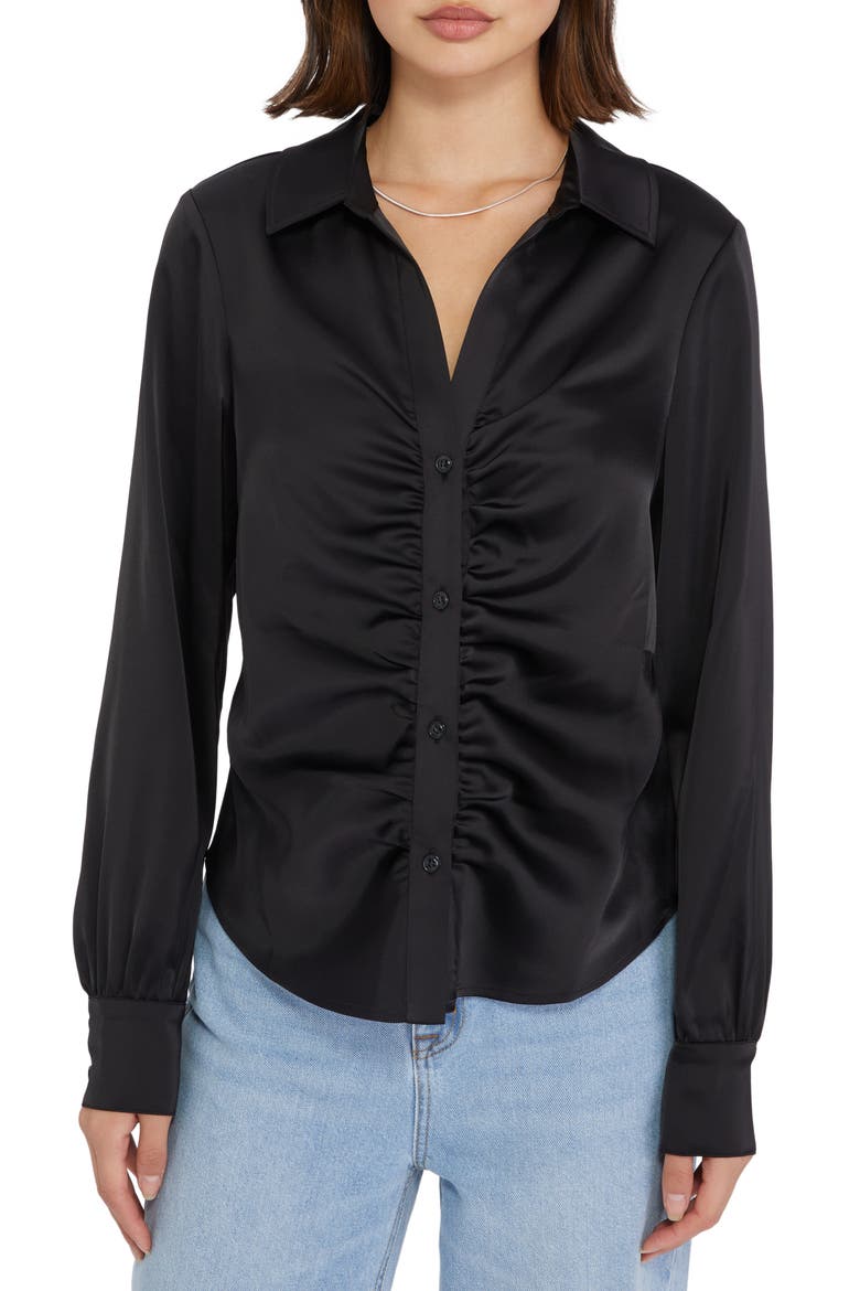 Time to Shine Ruched Satin Button-Up Shirt, Alternate, color, BLACK