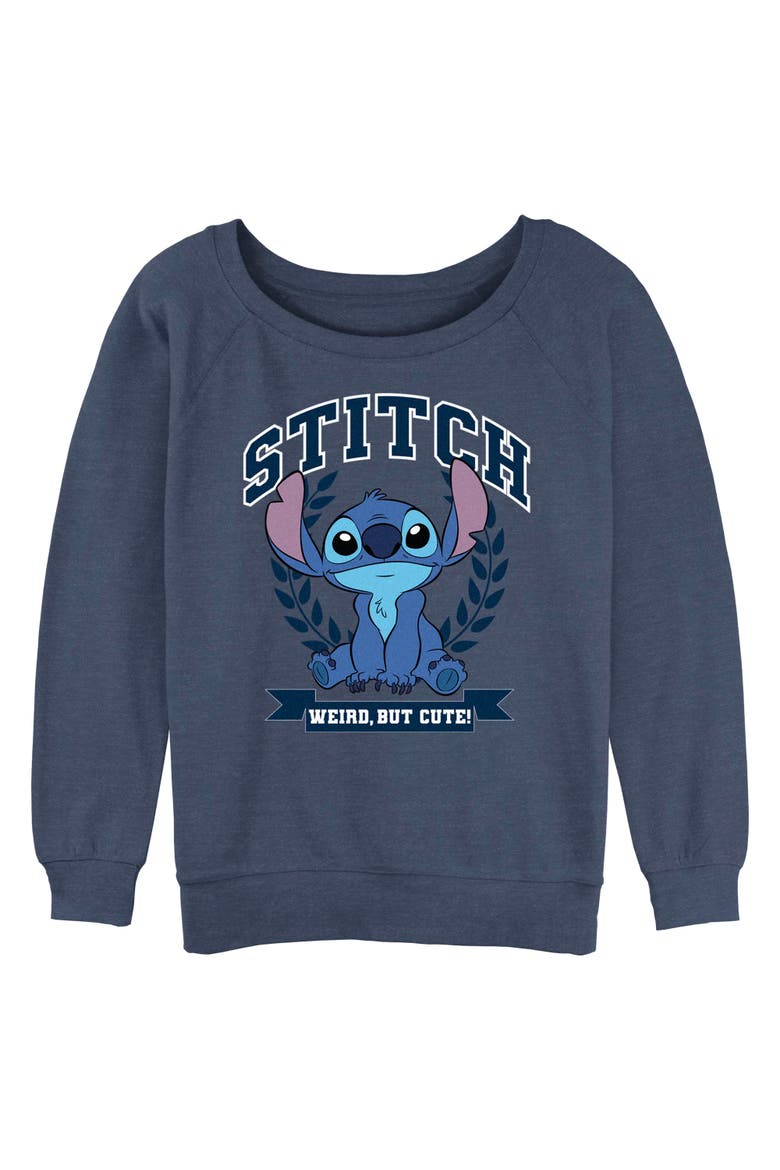 Junior's Lilo & Stitch Weird But Cute Logo  Sweatshirt, Main, color, Blue Heather