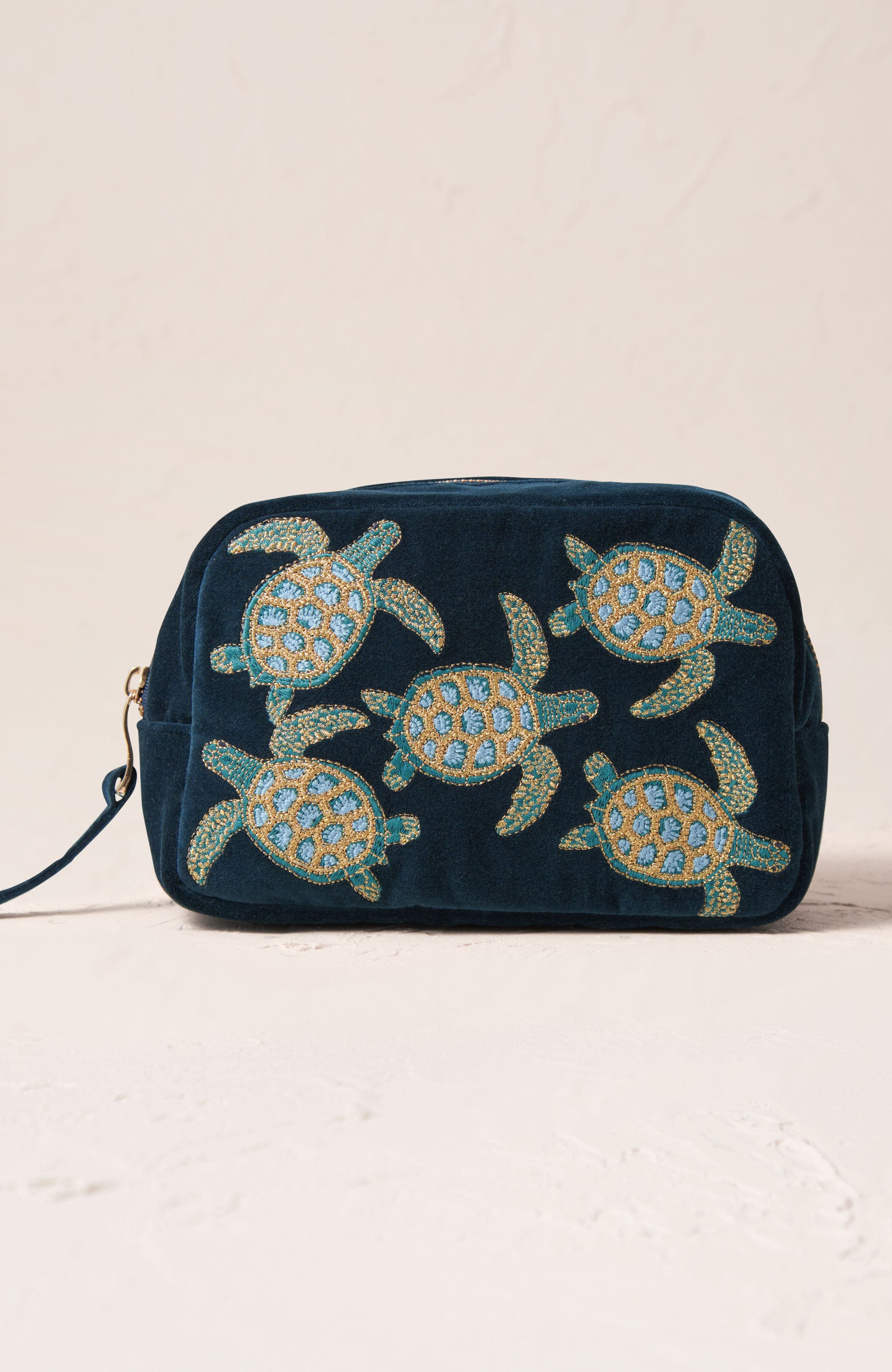 Turtle Conservation Velvet Makeup Bag, Main, color, Marine Navy