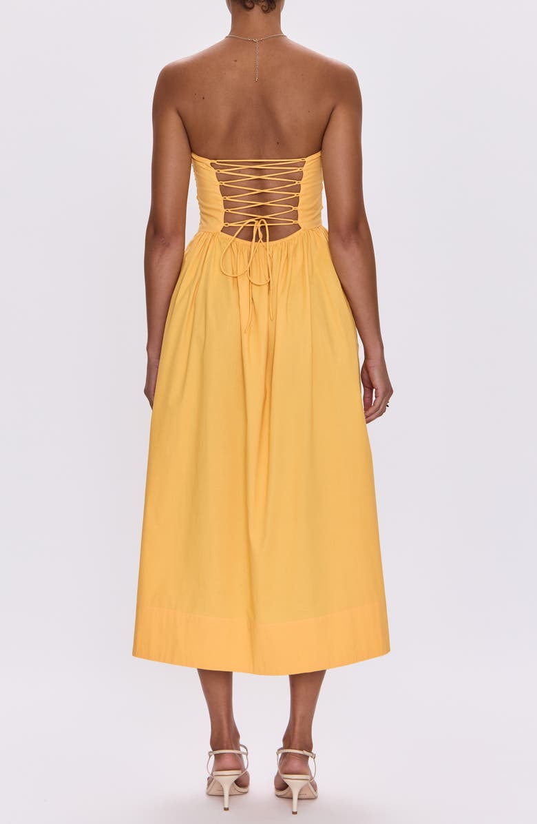 Pistola Florence Strapless Lace-Up Back Stretch Cotton Midi Dress, Alternate, color, Papaya