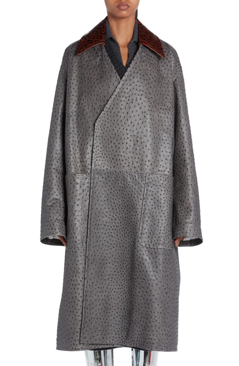 Bottega Veneta Ostrich Embossed Leather Belted Coat, Alternate, color,
