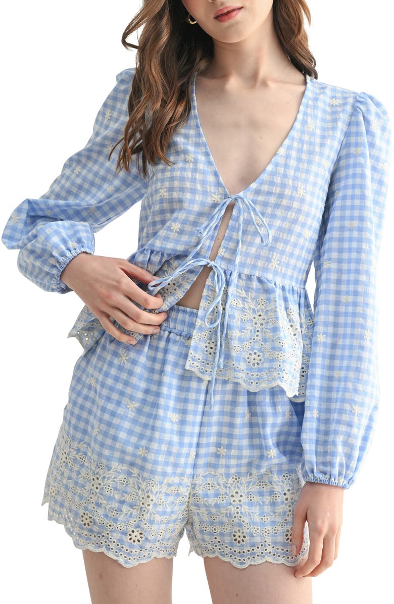 Lush Gingham Eyelet Long Sleeve Peplum Top, Alternate, color, Blue