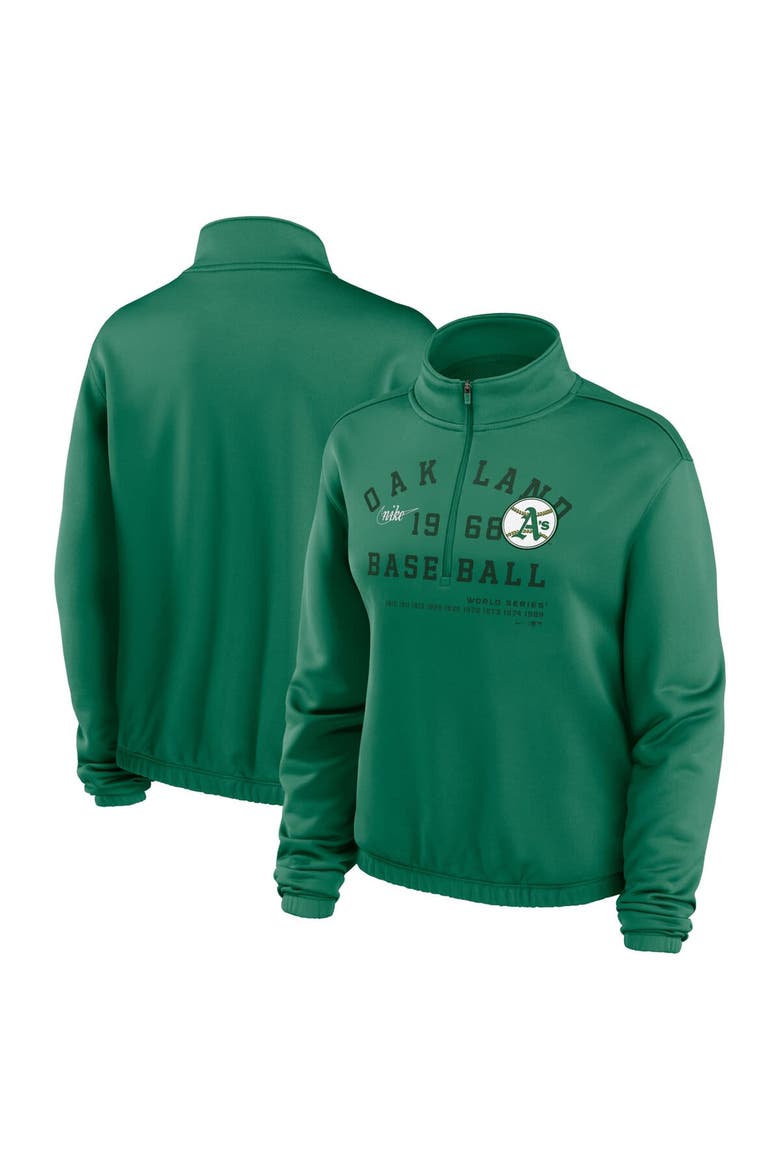 Women's Nike Green Oakland Athletics Rewind Splice Half-Zip Semi-Cropped Bubble Hem Sweatshirt, Main, color, Green