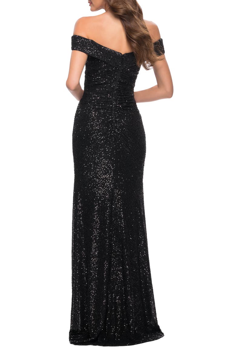 La Femme Off the Shoulder Ruched Sequin Dress with Slit, Alternate, color, Black