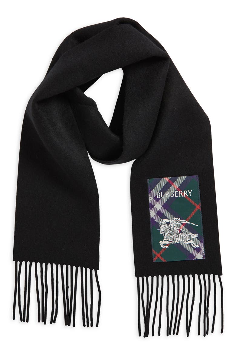 Equestrian Knight Detail Cashmere Fringe Scarf, Alternate, color, BLACK
